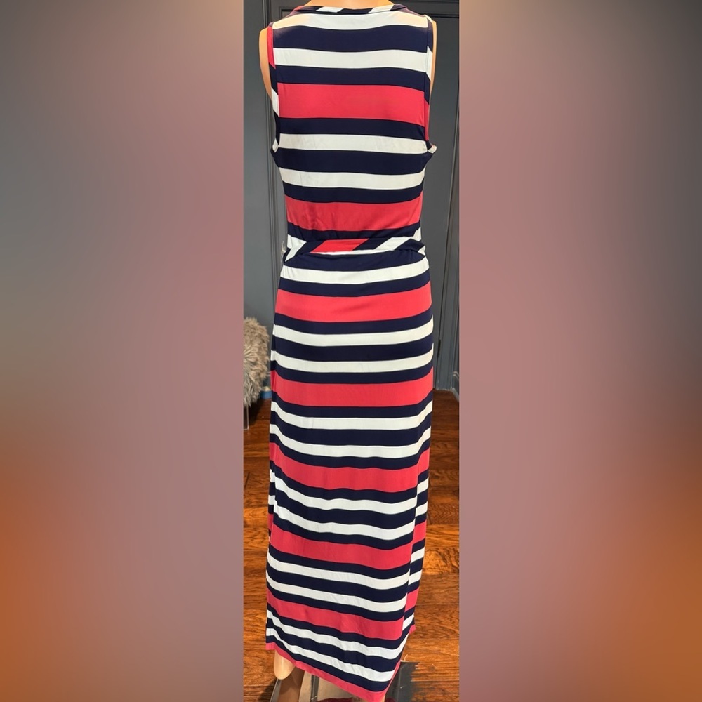 Banana Republic Striped Maxi Dress XS Navy Red White Tie Waist Sleeveless - Picture 3 of 4